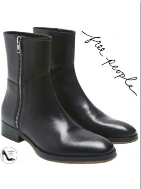 Free People Luna Black Soft Leather Ankle Boots Block heel Almond toe Booties 37